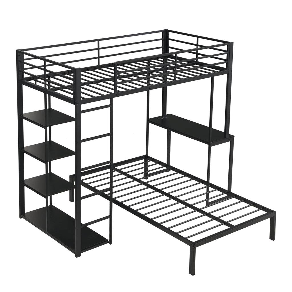 Metal Loft Bed Frame with LED Light Strip, Side Storage Shelves & Built-in Desk