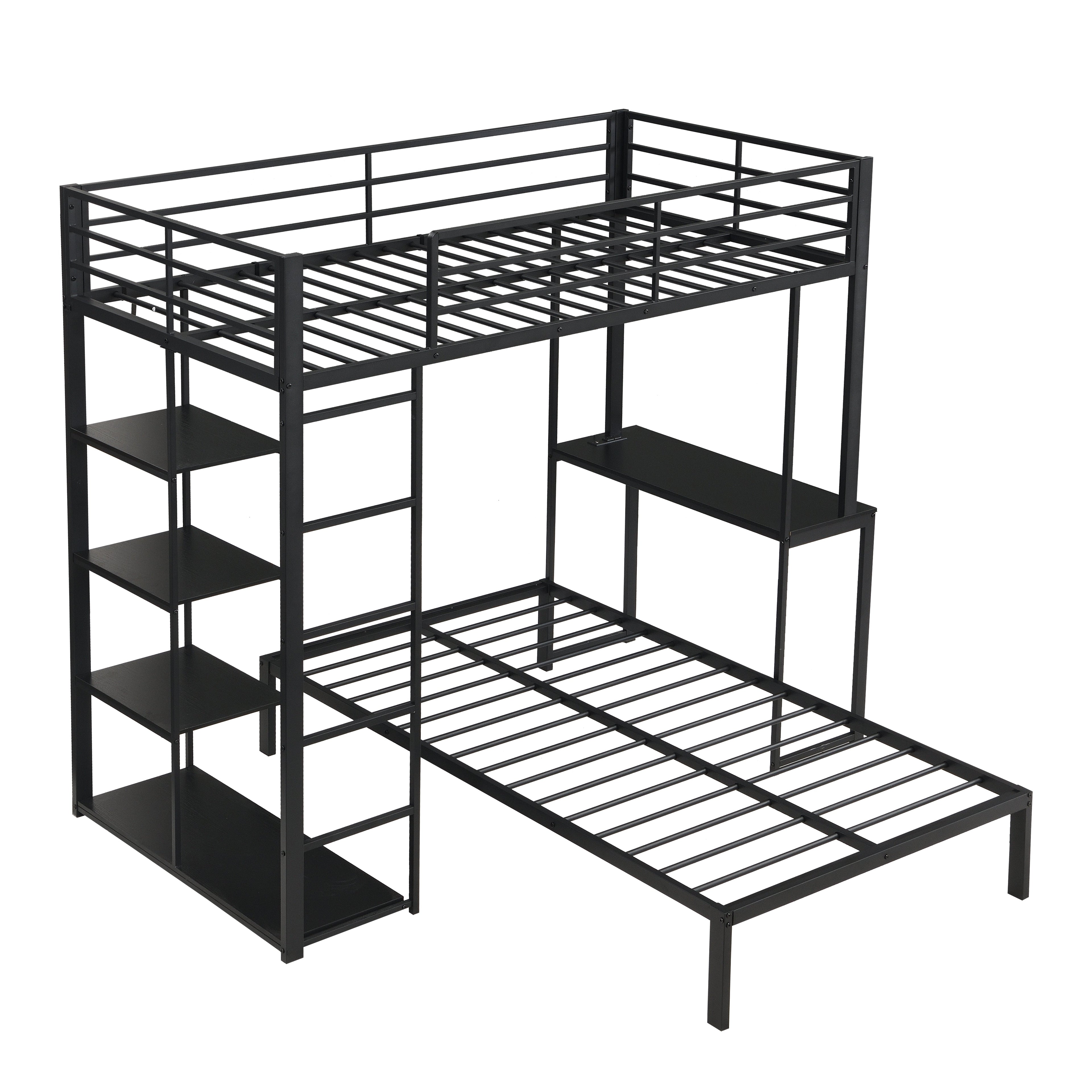 Metal Loft Bed Frame with LED Light Strip, Side Storage Shelves & Built-in Desk