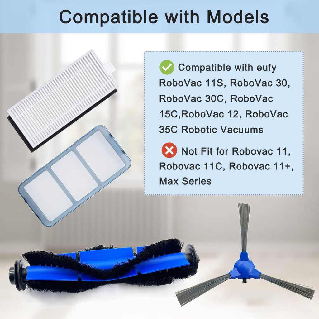 RoboVac 11S Replacement Part Compatible For Eufy RoboVac 11S, 15C, 30, 30C, 12, 35C, 25C, 15T Robotic Vacuums, 3 Rolling Brushes, 12 Filter Sets, 12 Side Brushes, 1 Rolling Brush Guard, 2 Pre Filters