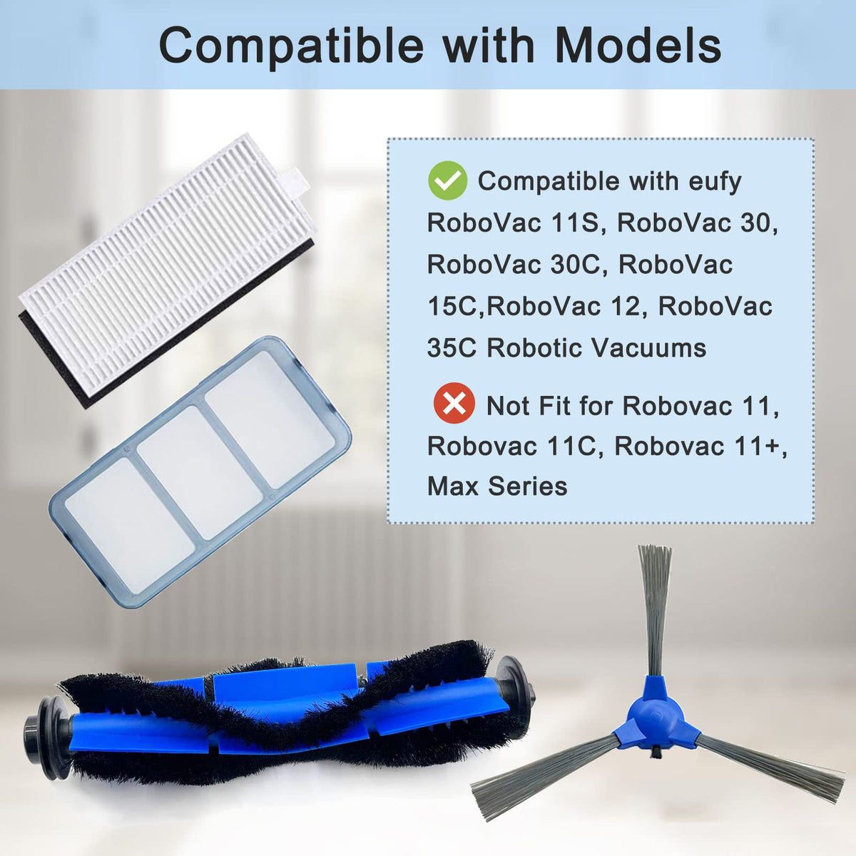 RoboVac 11S Replacement Part Compatible For Eufy RoboVac 11S, 15C, 30, 30C, 12, 35C, 25C, 15T Robotic Vacuums, 3 Rolling Brushes, 12 Filter Sets, 12 Side Brushes, 1 Rolling Brush Guard, 2 Pre Filters