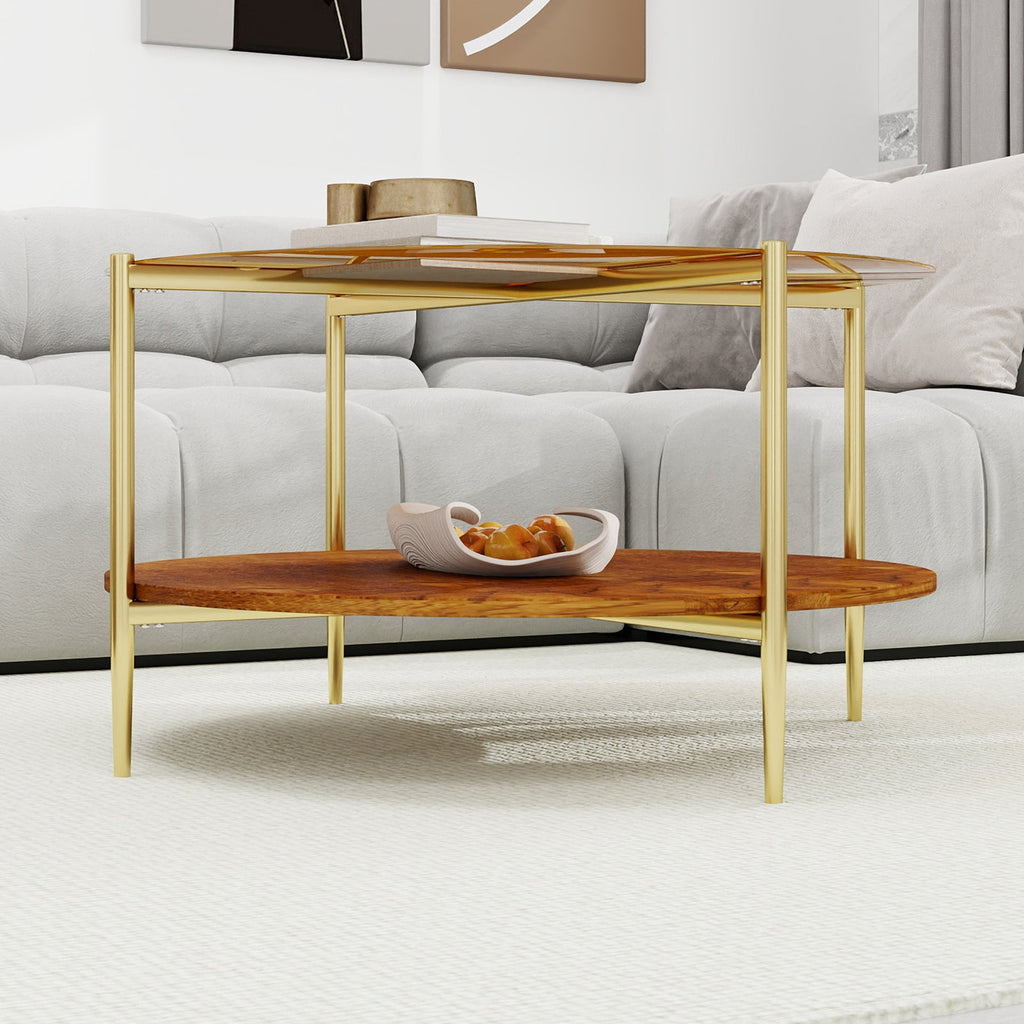 Luxurious Round Coffee Table with Gold-Tinted Tempered Glass Top