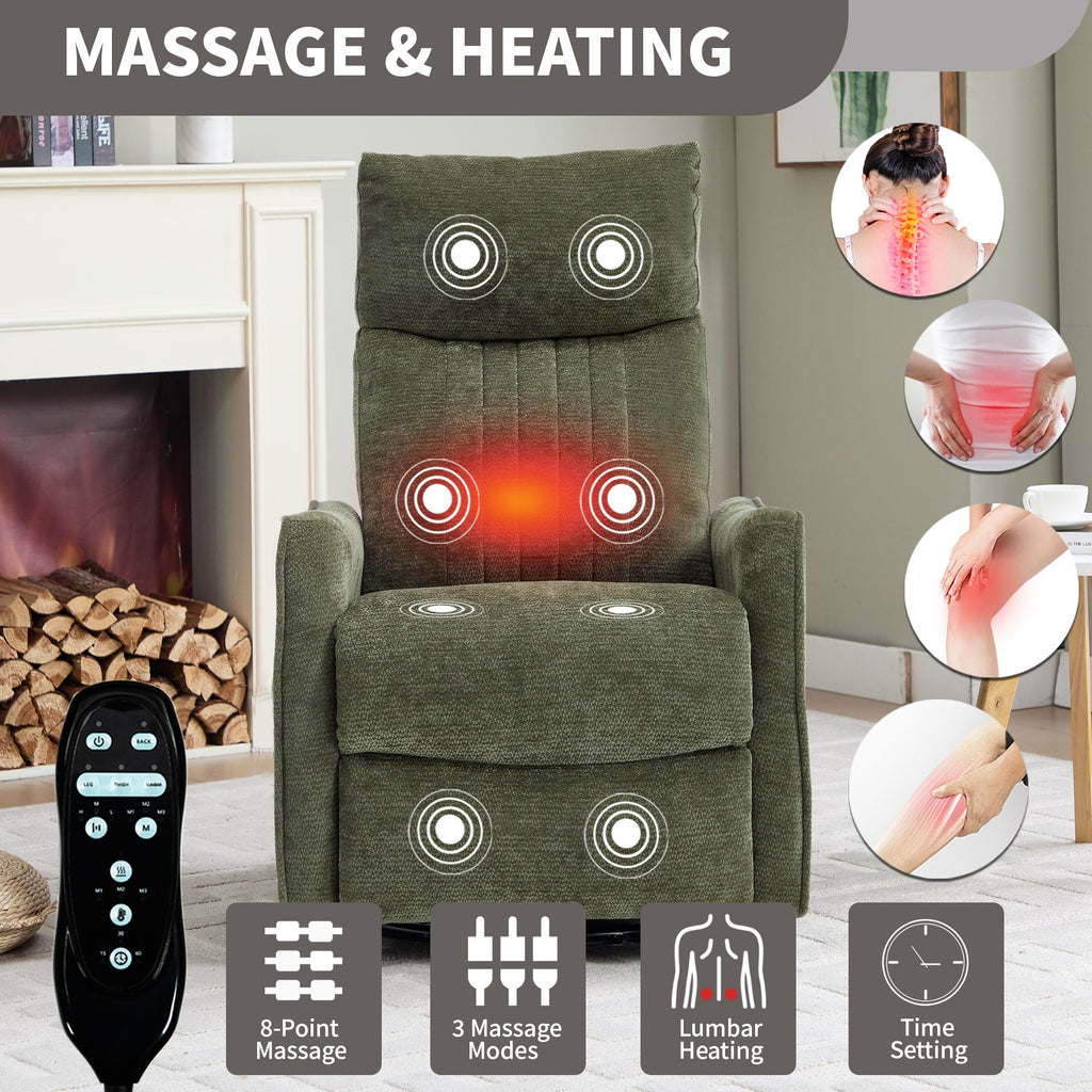 Green Heat Massage Manual Recliner Chair with Rocker and Swivel in Fabric for Living Room