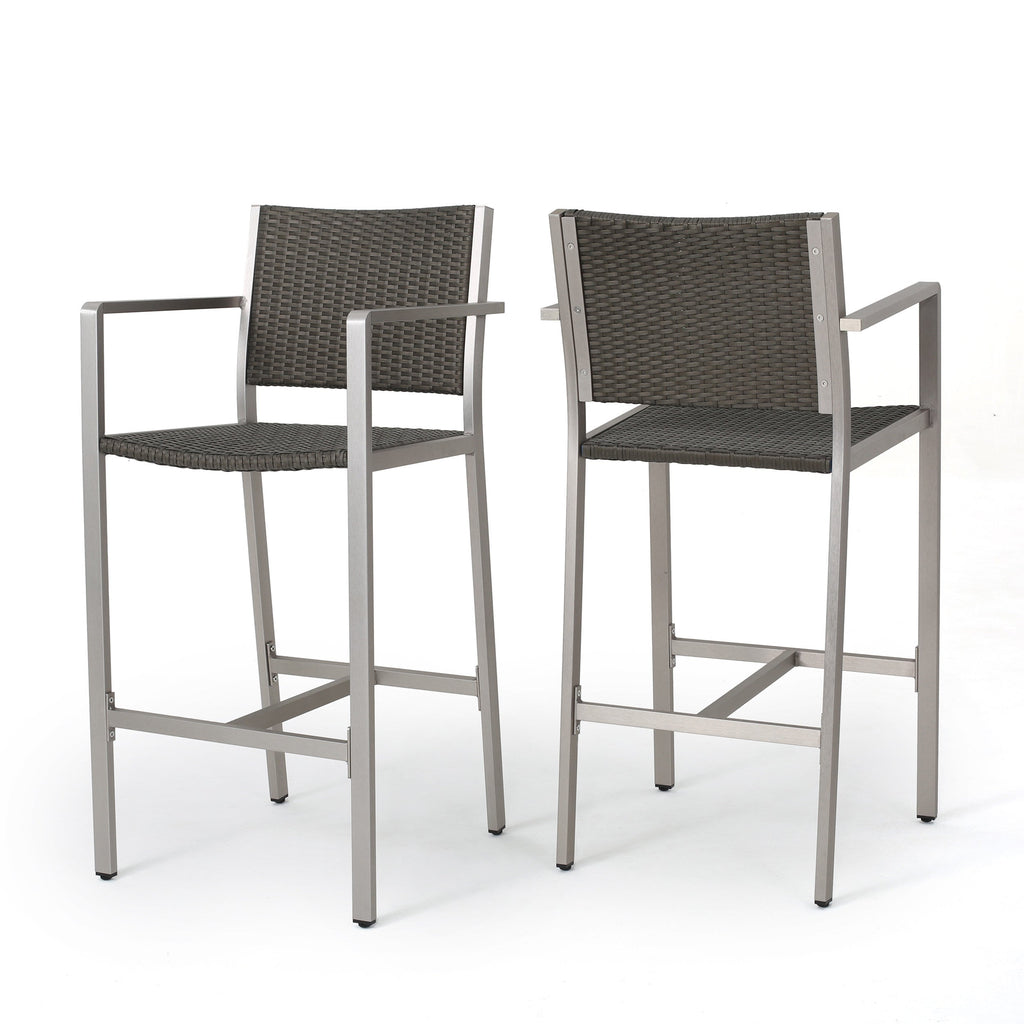 Outdoor Rust-Proof Aluminum Barstools with PE Rattan Seat - Set of 2