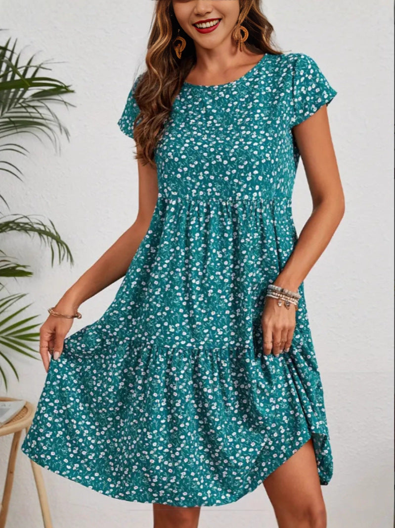 All Over Print Crew Neck Short Sleeve Casual Women's Dress