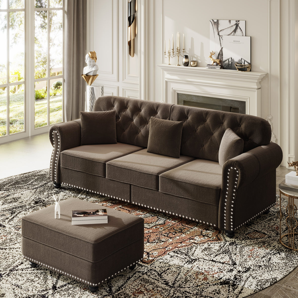 Upholstered Velvet Sofa with Nailhead Trim and Ottoman