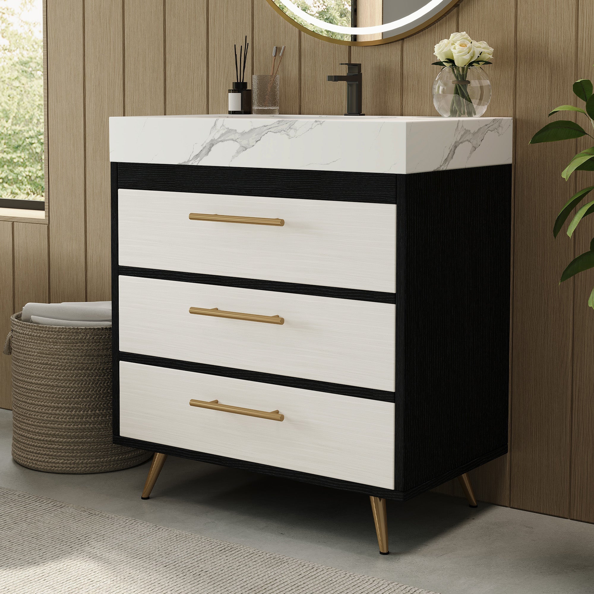 Modern Free-Standing Bathroom Vanity with Ceramic Vessel Sink