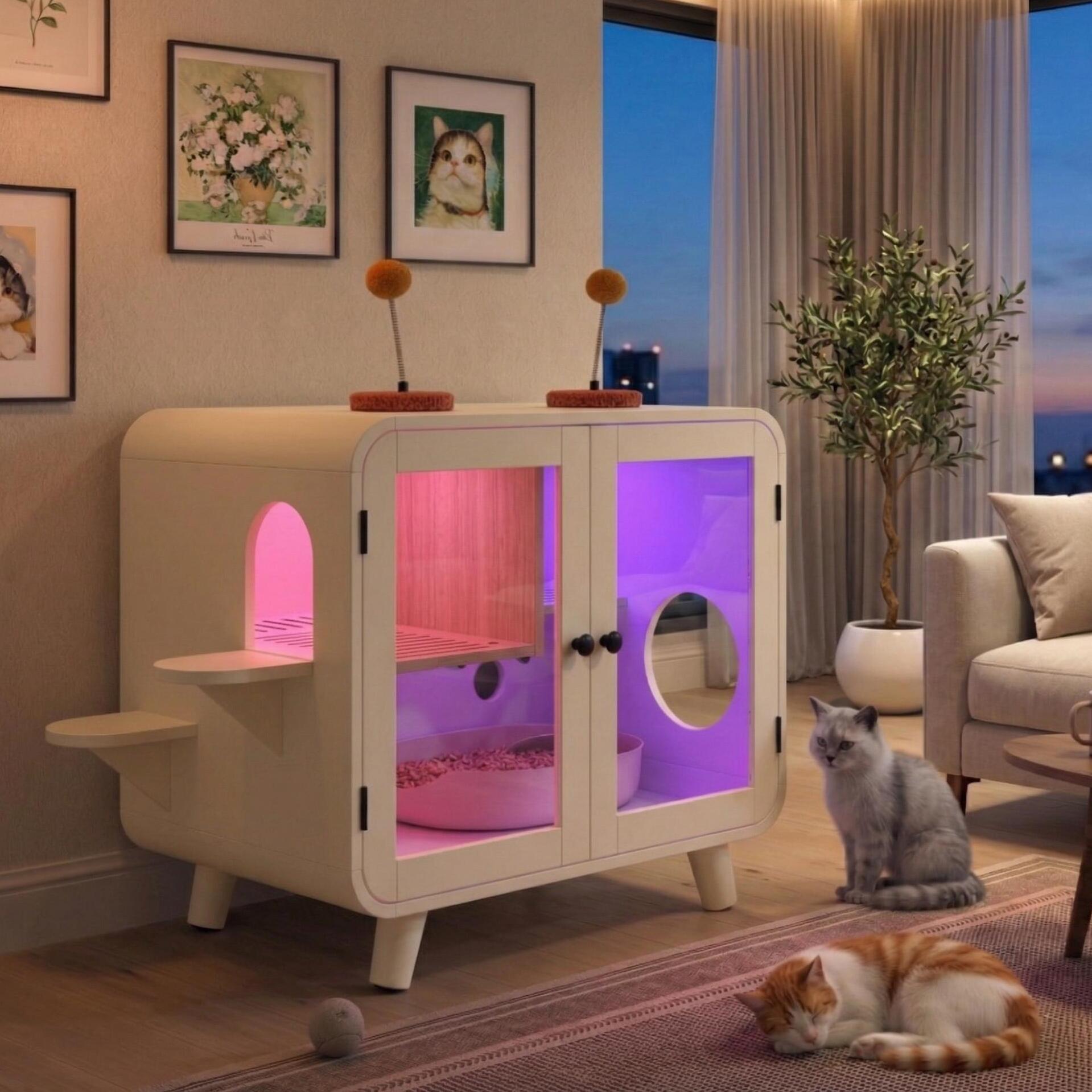 Cat Hidden Litter Box Enclosure with RGB LED Light
