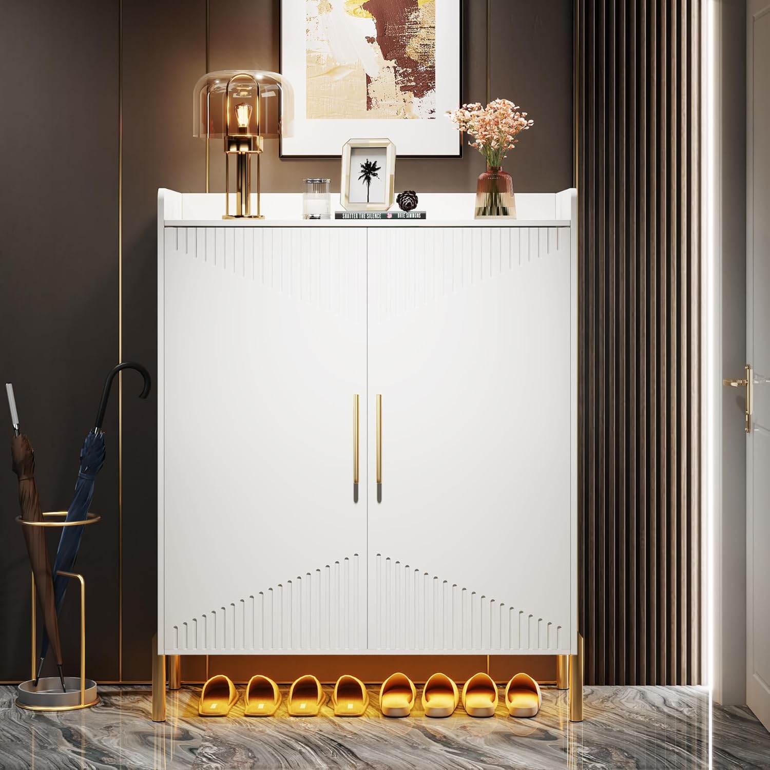 35.43 Inch White and Gold Shoe Cabinet