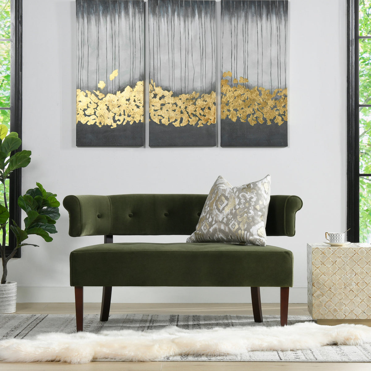 Jared Roll Arm Tufted Bench Settee, Olive