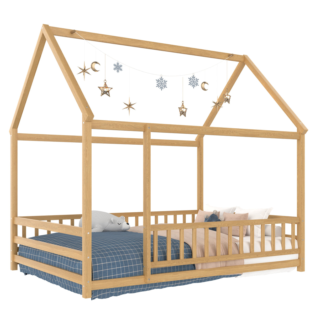 Full Size Floor Wooden Bed with House Roof Frame, Fence Guardrails