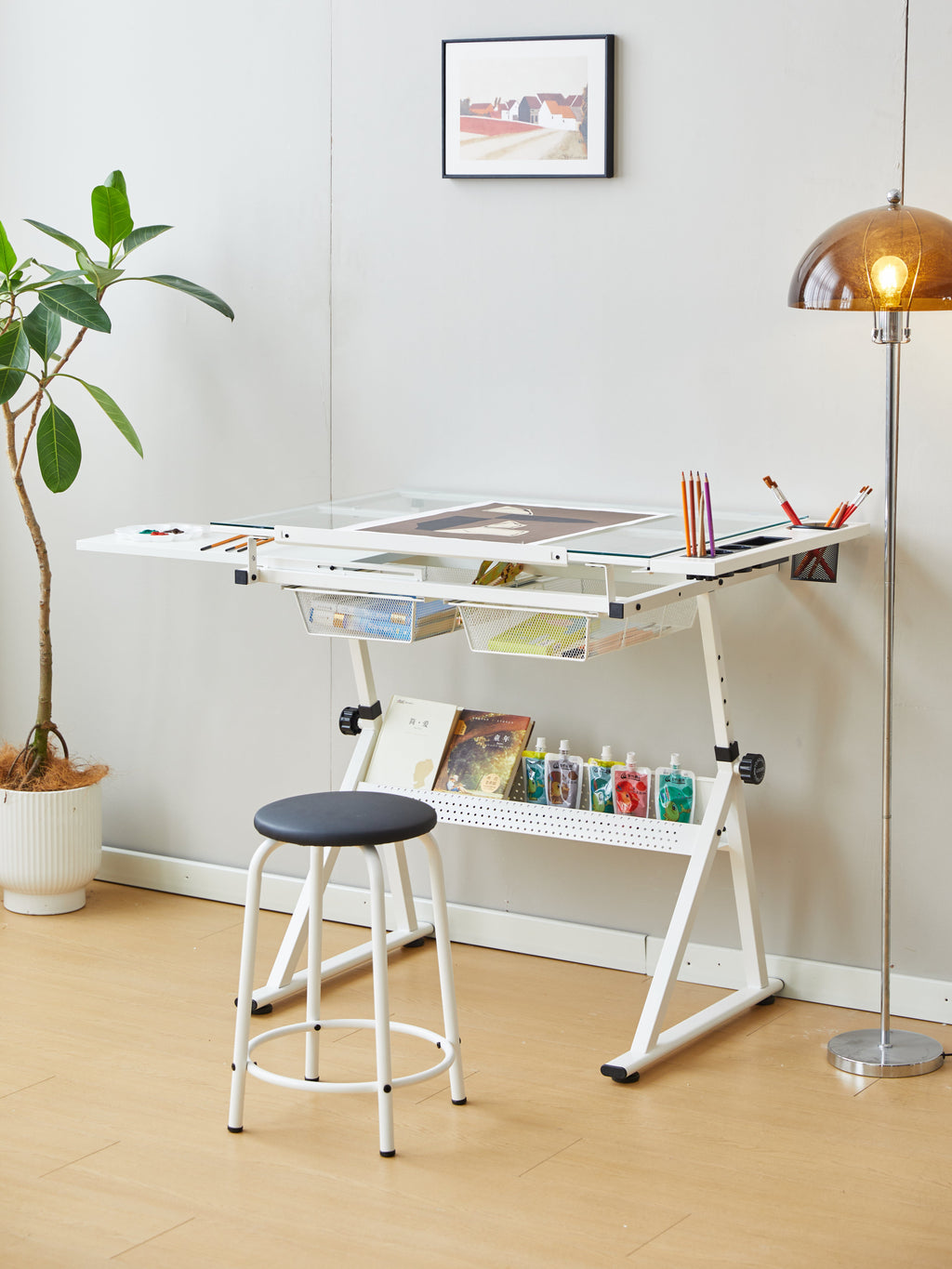 White Adjustable Tempered Glass Drafting Table with Chair