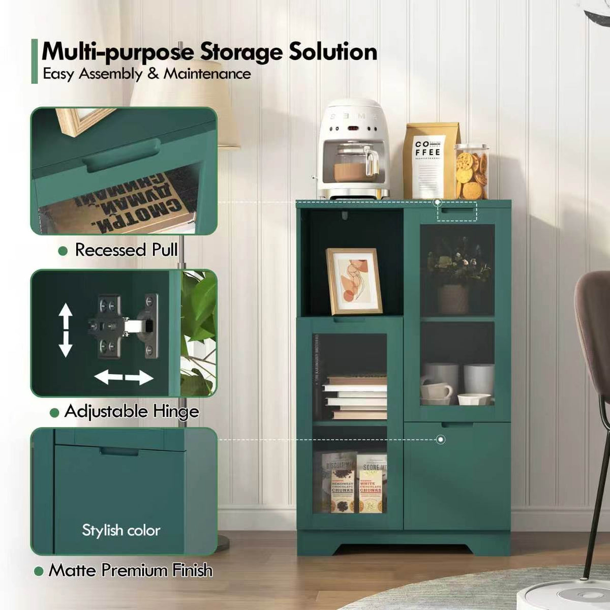 MDF Painted Cabinet with Glass Doors and Drawer