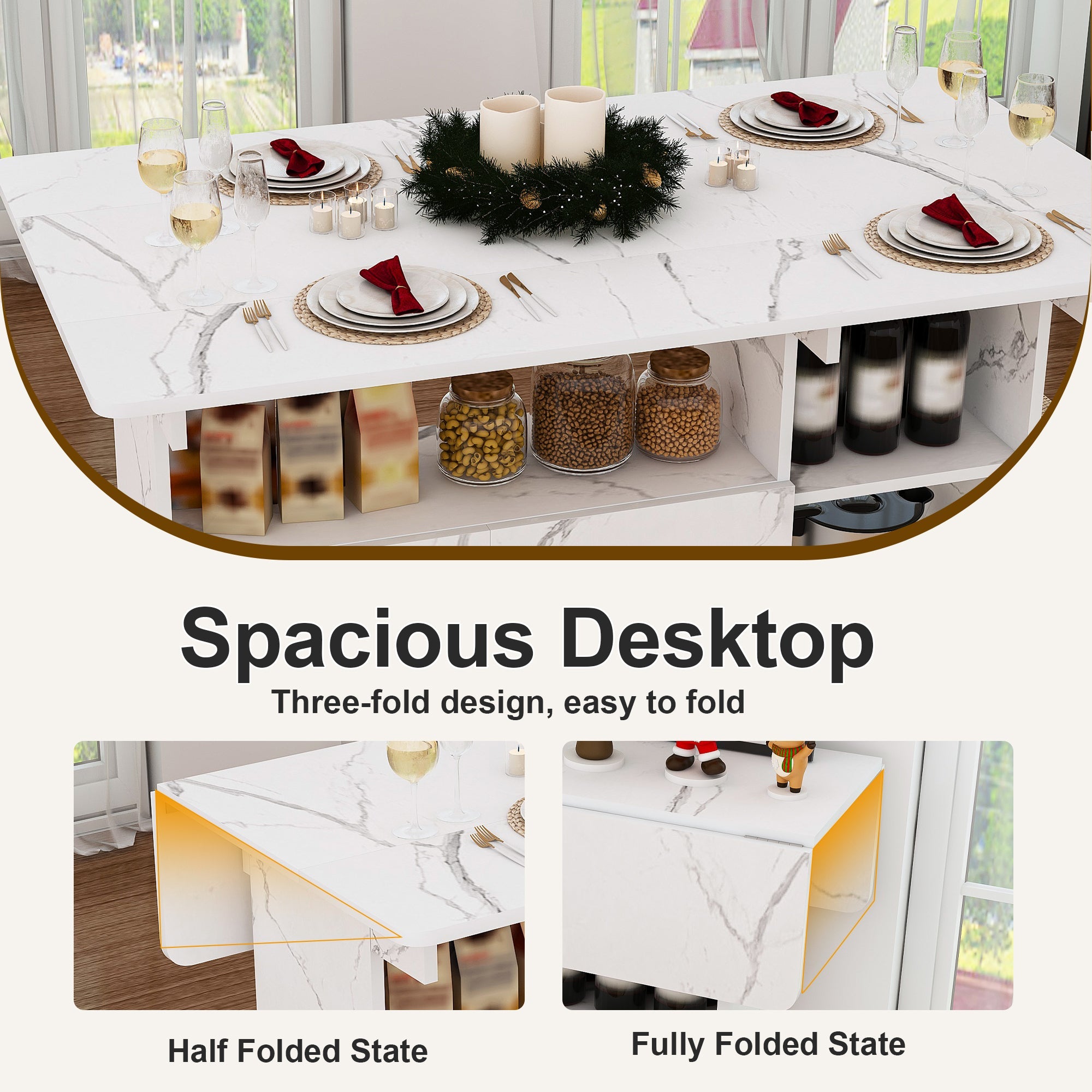 Multi-Functional Folding Table with Storage Shelves and Wheels