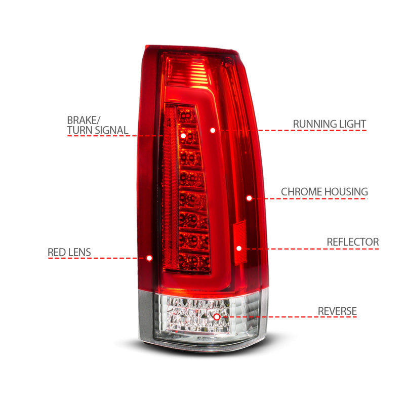 ANZO 88-99 Chevy C/K1500/2500/3500 Full LED Light Tube Taillights Chrome Housing Red/Clear Lens 311484