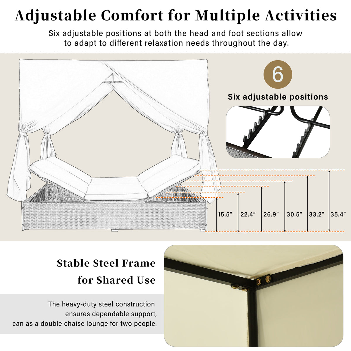 U_Style Outdoor Double Chaise Lounge Daybed with Curtains