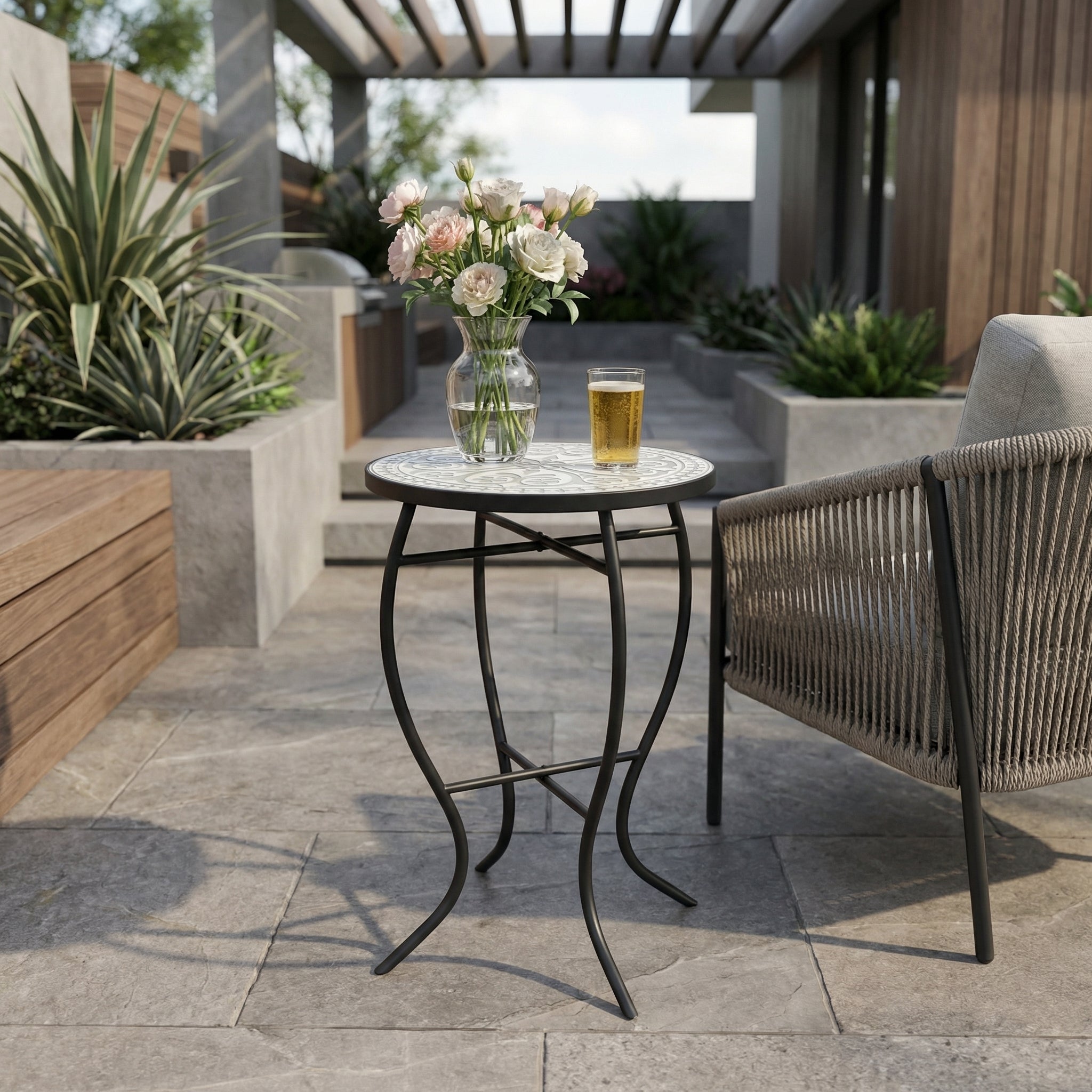 Outdoor Round Side Table with Mosaic-Style Top and Curved Iron Legs