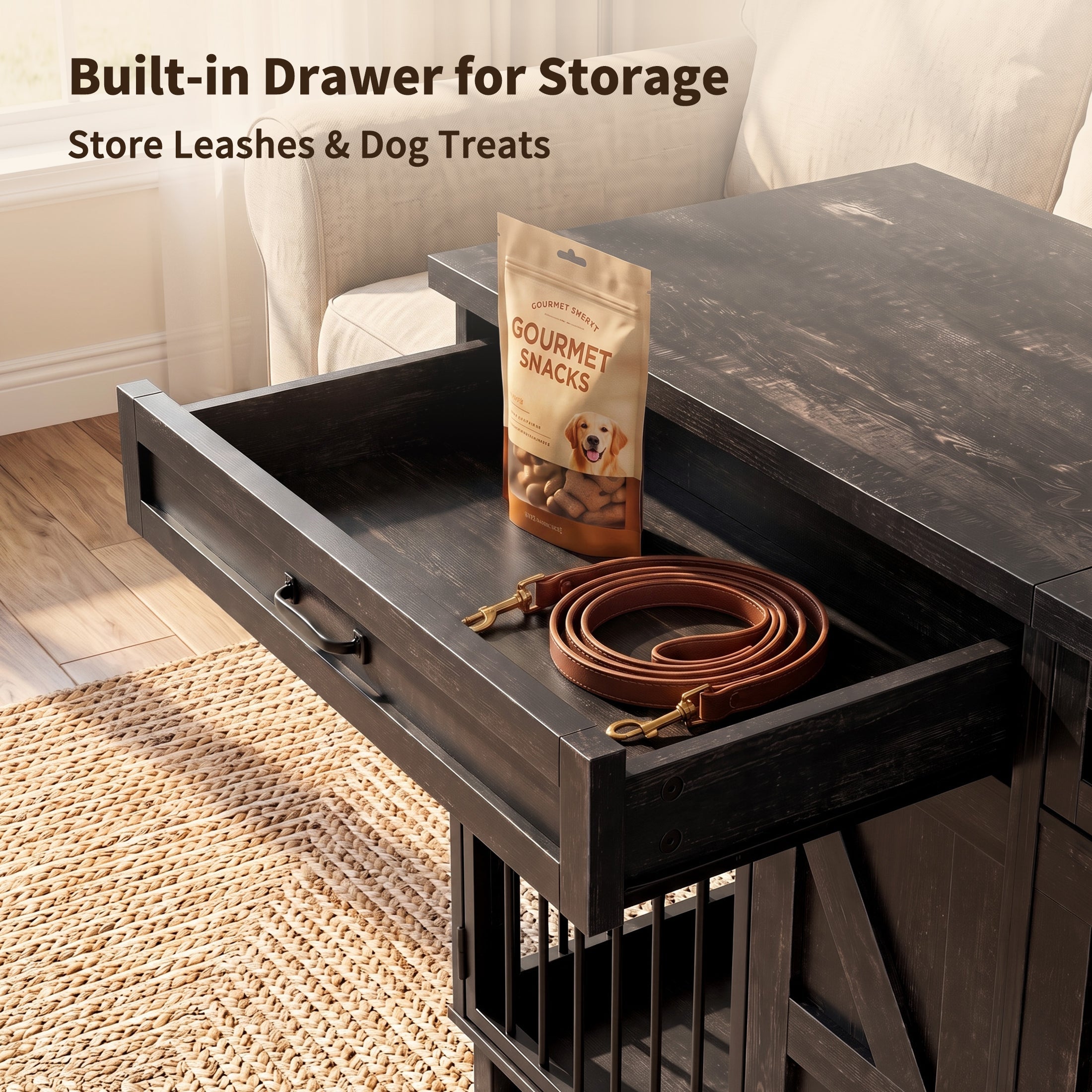 Dog Crate Furniture TV Stand - 2-in-1 Wooden Dog Kennel with Storage