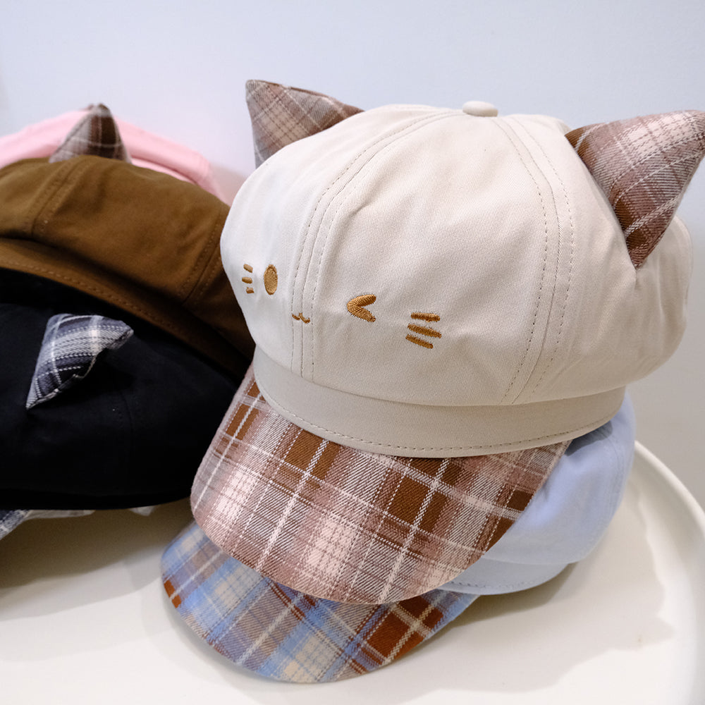 Korean-style Cute Cat-ear Patchwork Checkered Newsboy Hat For Autumn And Winter, Versatile And Suitable For All Occasions, Soft And Sweet Girl's Sweet Bloom Hat