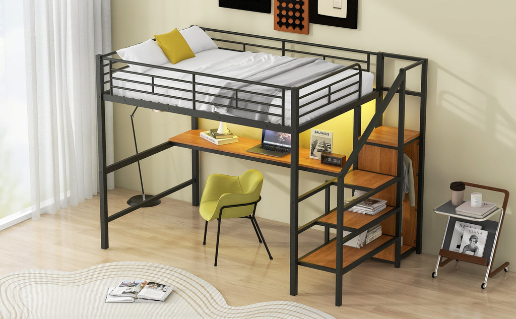Full Size Metal Loft Bed with Desk, Storage Staircase, Small Wardrobe and LED Light