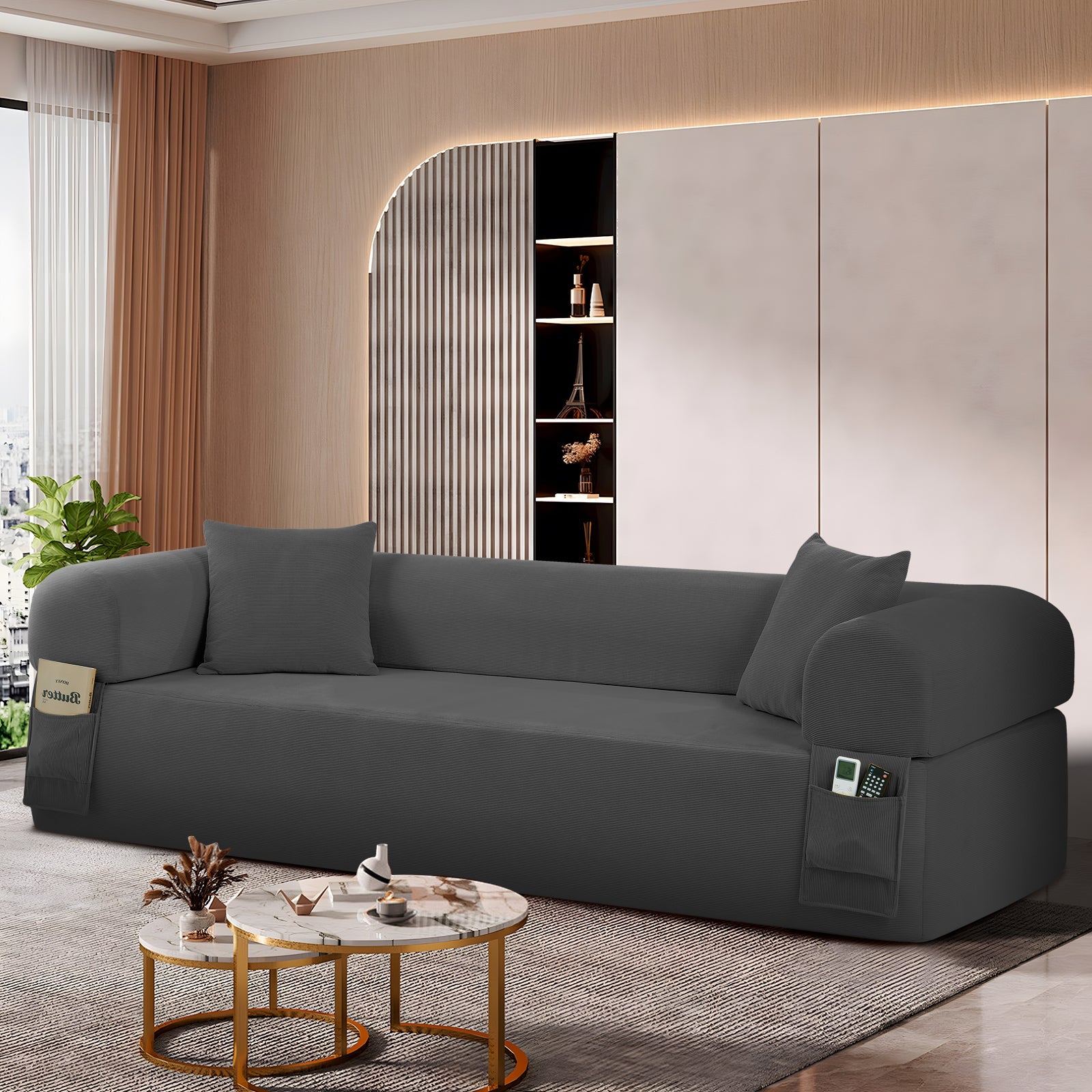 Spring Sofa with High-Quality Fabric, Pillows & Storage