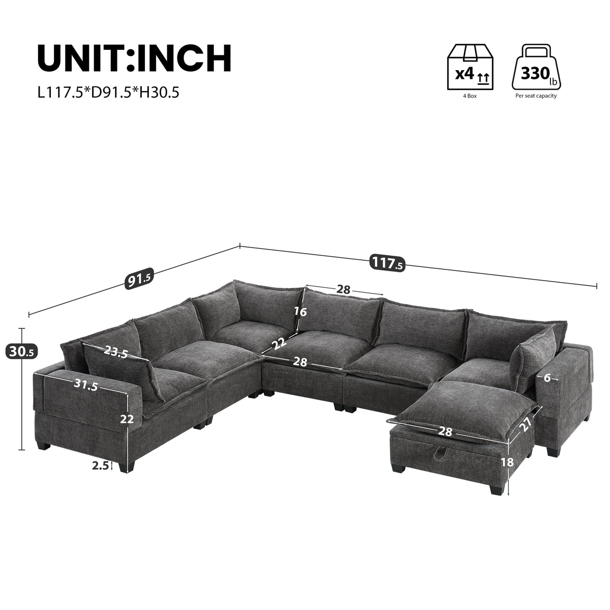 117.5 Inch Modular Sectional Sofa with Movable Storage Ottoman