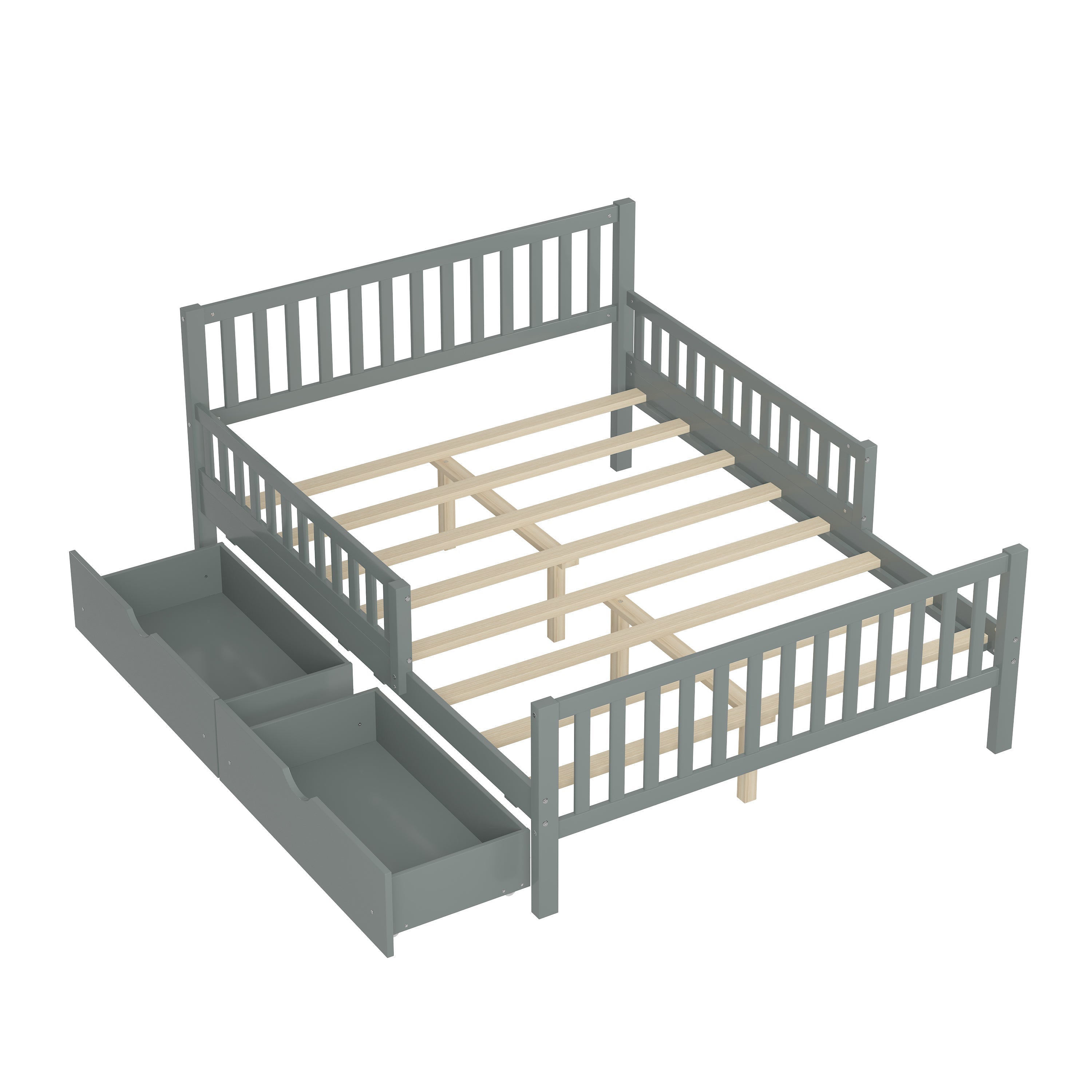 Full Size Wood Platform Bed with Guardrails on Both Sides and Two Storage Drawers