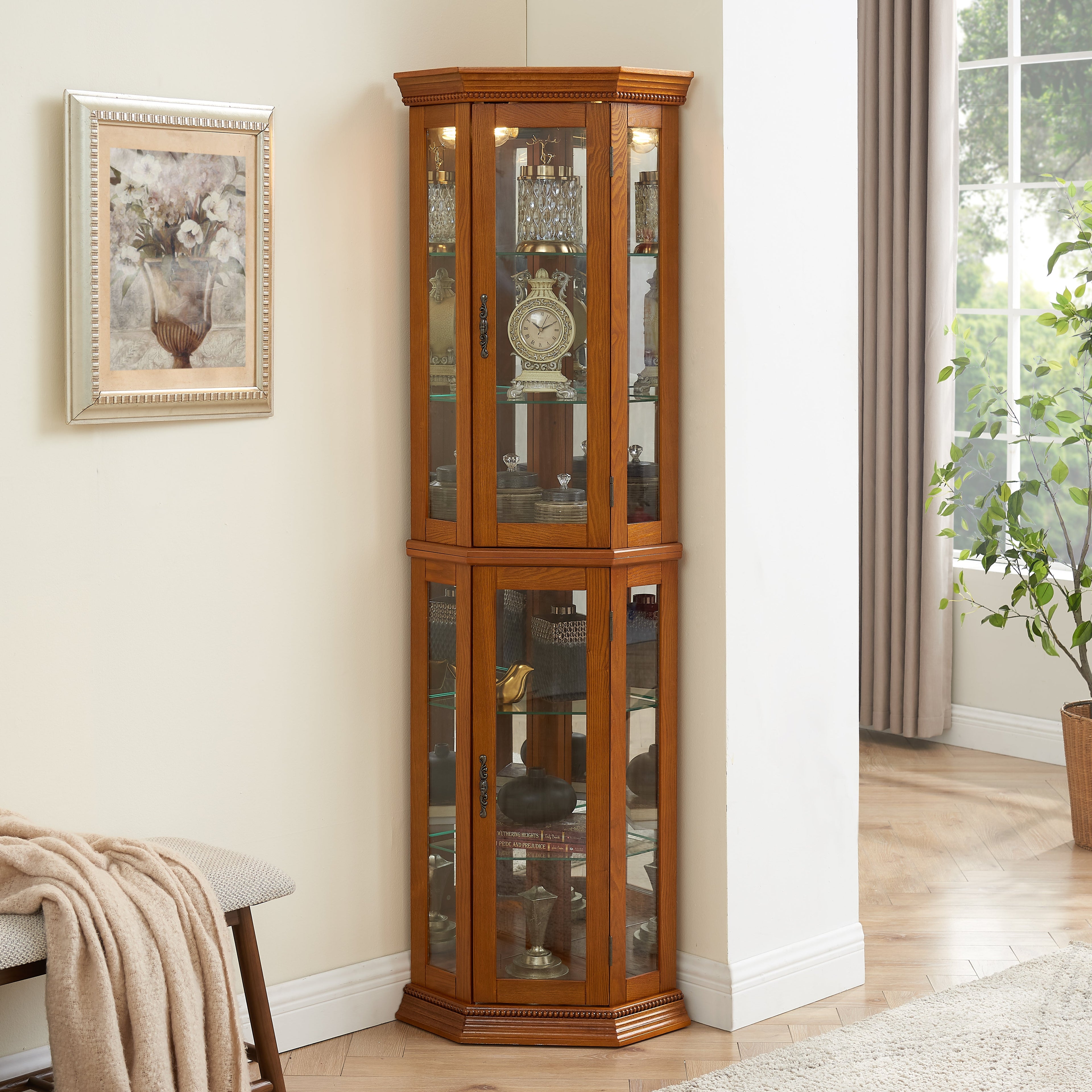 Corner Curio Cabinet with Lights, Adjustable Tempered Glass Shelves, Mirrored Back