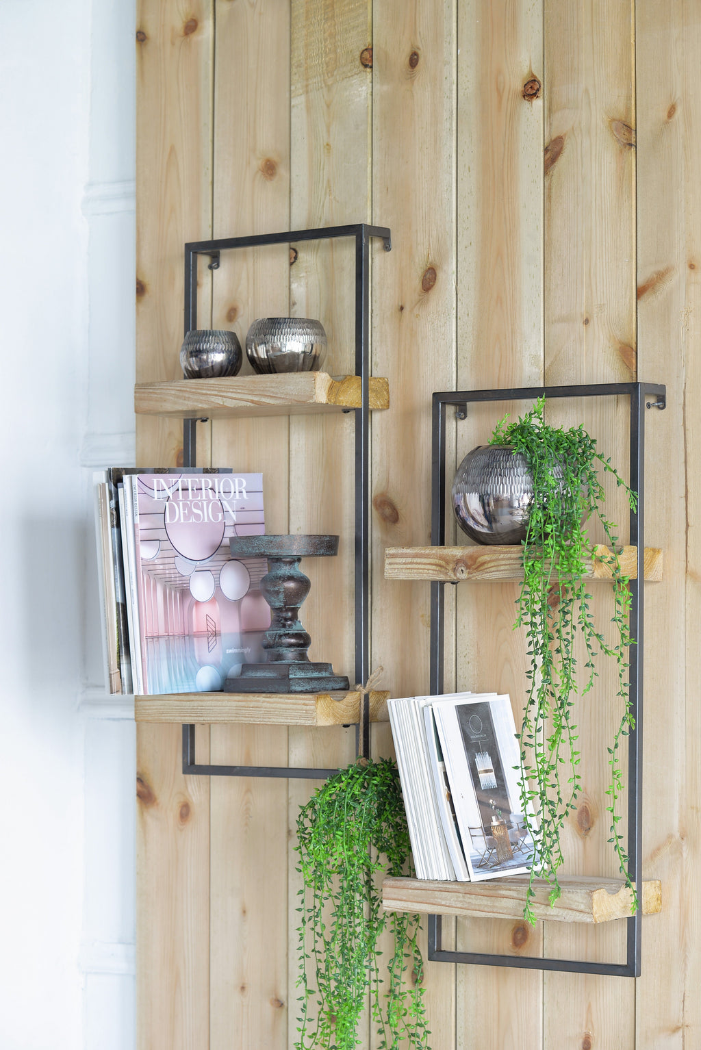 12" x 6" x 27" Iron and Wood Wall Shelf With Two Shelves