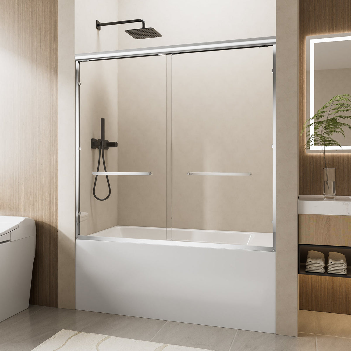56"-60" W x 57" H Aluminum Frame Double Sliding Shower Door