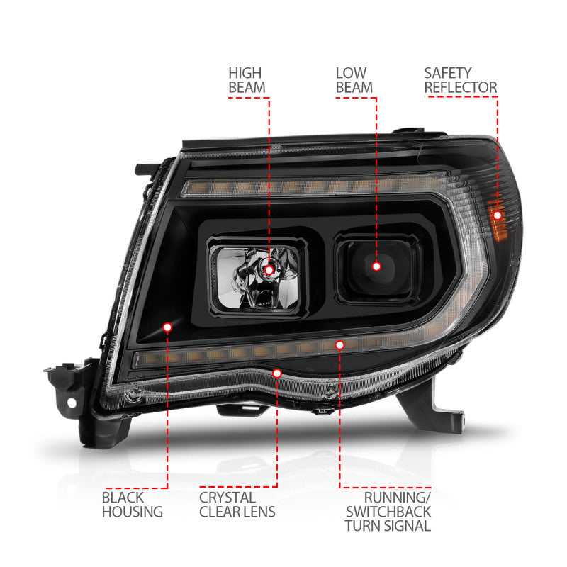 ANZO 05-11 Toyota Tacoma Projector Headlights w/Light Bar Switchback Black Housing 111564