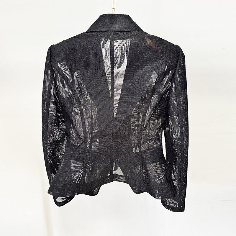 Sheer Leaf Jacquard Single Button Cropped Blazer Jacket