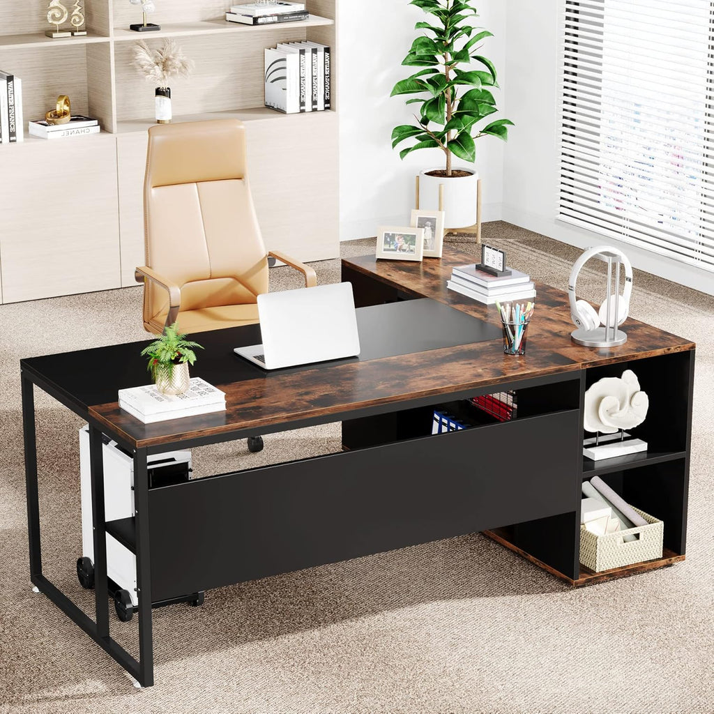 71" L-Shaped Executive Desk with Storage Cabinet & Shelves