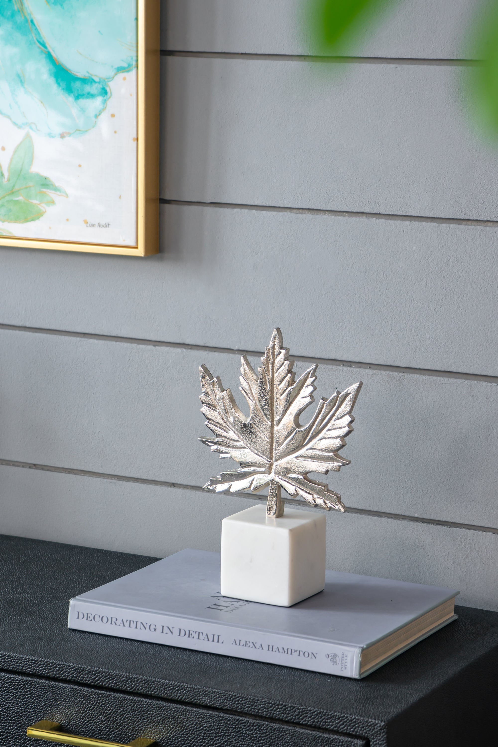 7x3x10.5" Aluminum Leaf On Marble Base