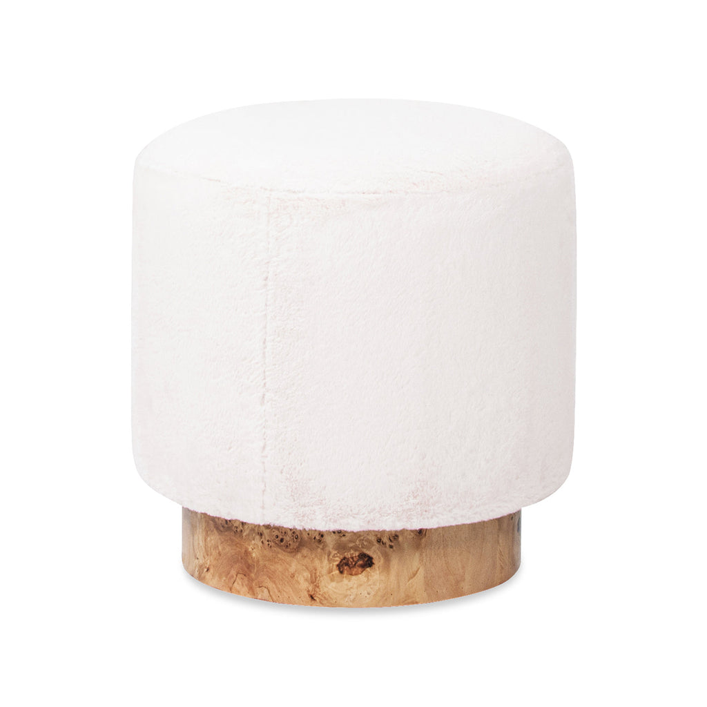 Tilly 16.5" Round Fur Upholstered & Burl Pouf Ottoman
