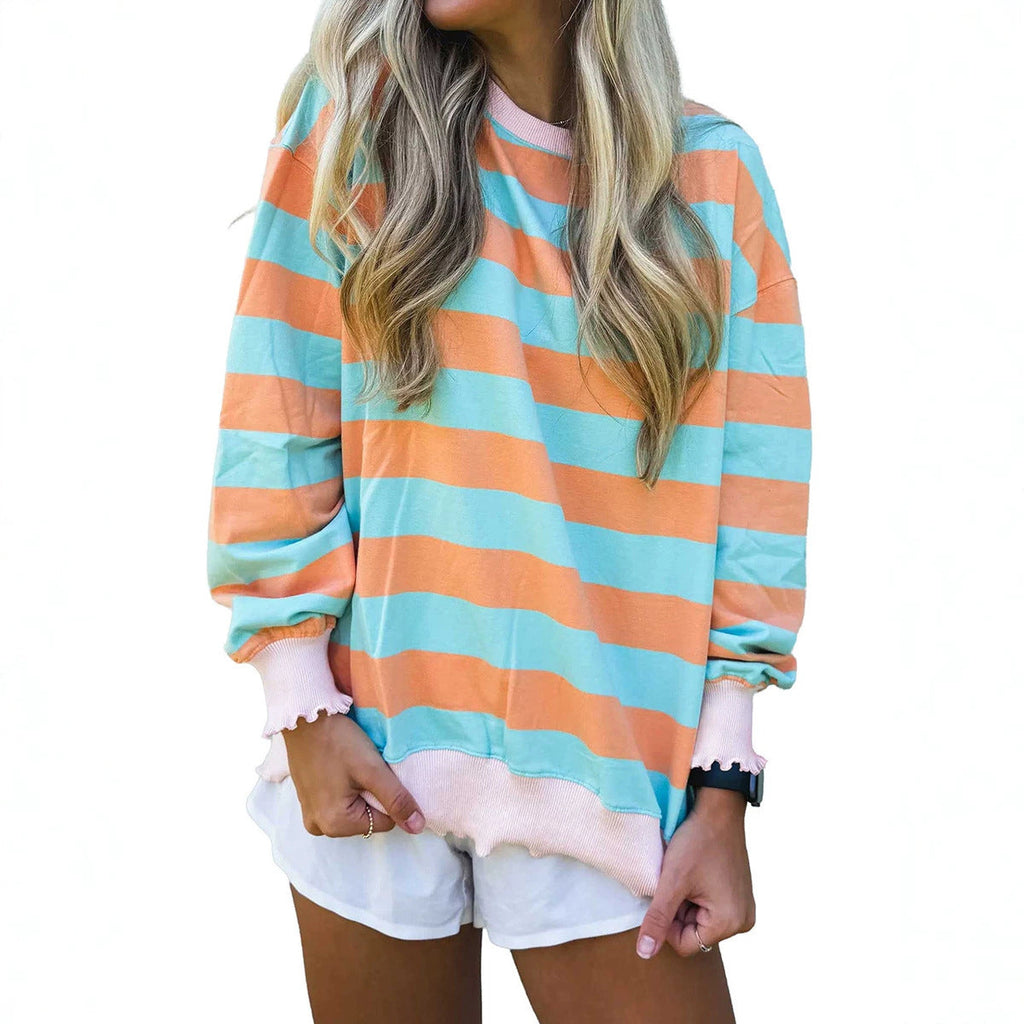 Pullover Crewneck Relaxed-fit Minimalist Striped Colorblock Sweatshirt