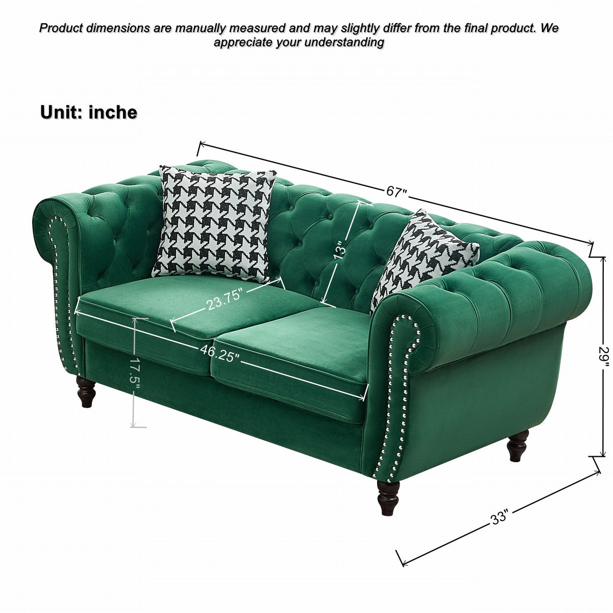 67" Chesterfield Velvet Upholstery Fabric Sofa