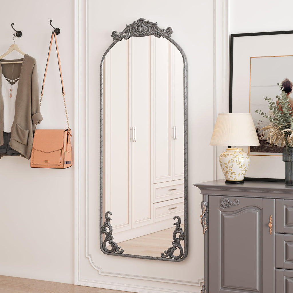 58"x24" Arched Full Body Mirror with Vintage Ornate Carving
