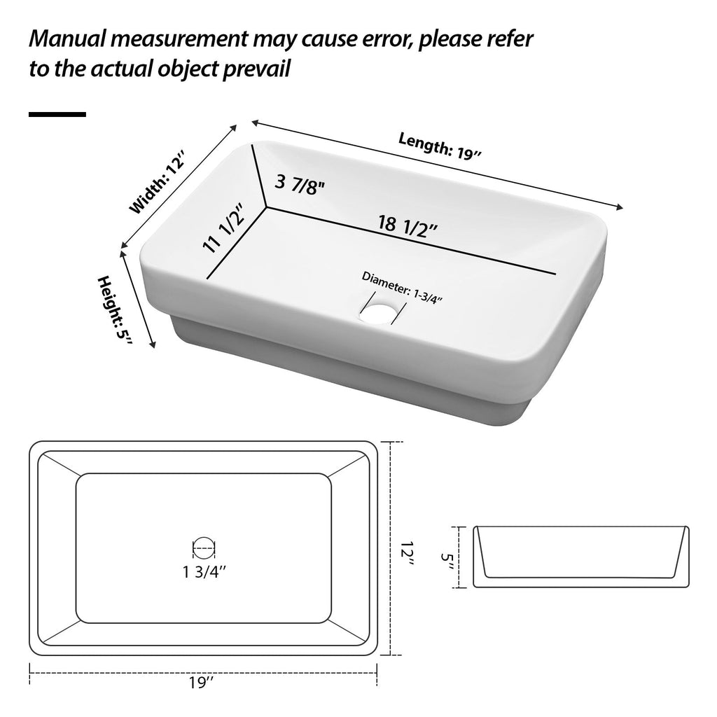 19"x12" White Semi-Recessed Ceramic Bathroom Sink