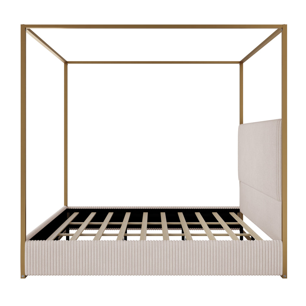 Modern Luxury Metal Canopy Bed with Tall Corduroy Upholstered Headboard