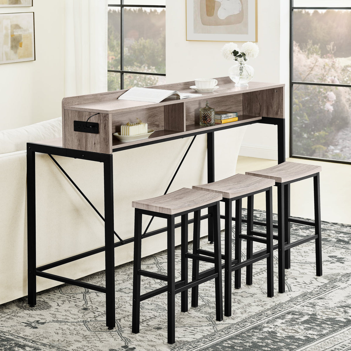 59 Inch Bar Table with Power Socket and LED Light Set