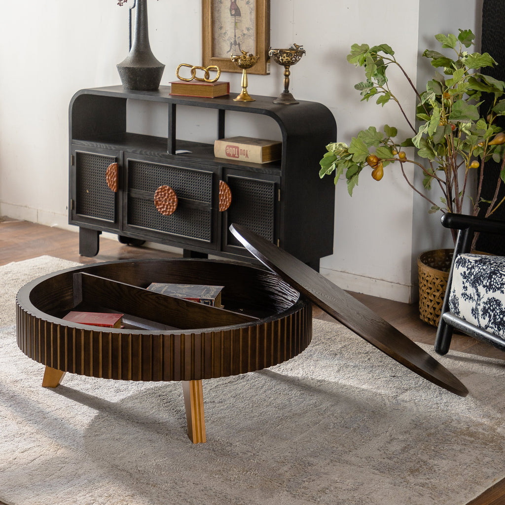 39.37" Retro Round Coffee Table with Storage Space