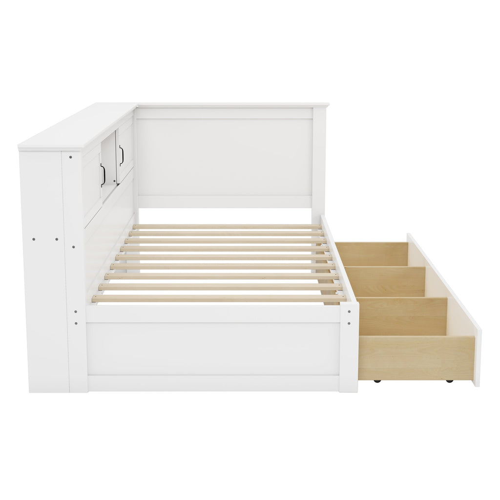 L-Shaped Bed Frame with Drawer and Bookcase