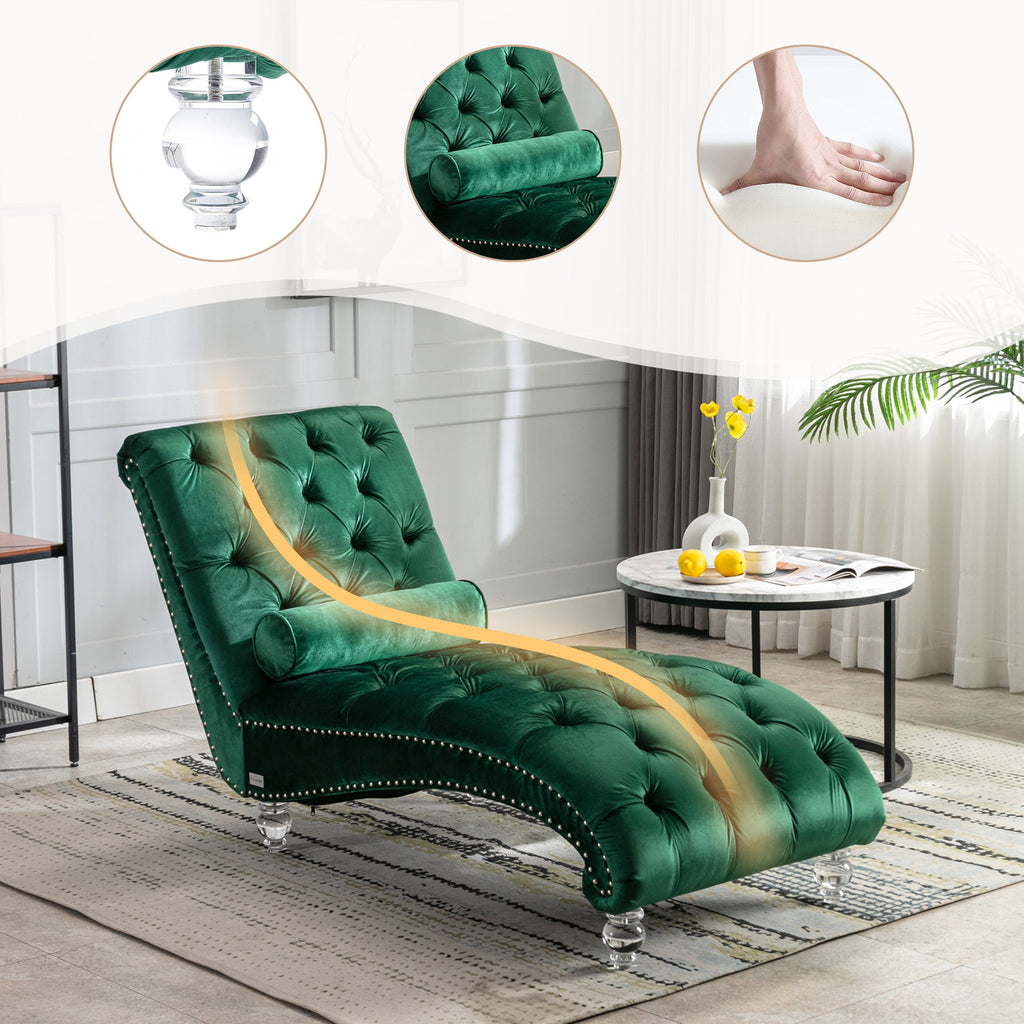 Velvet Chaise Lounge Indoor Chair (Emerald Velvet)