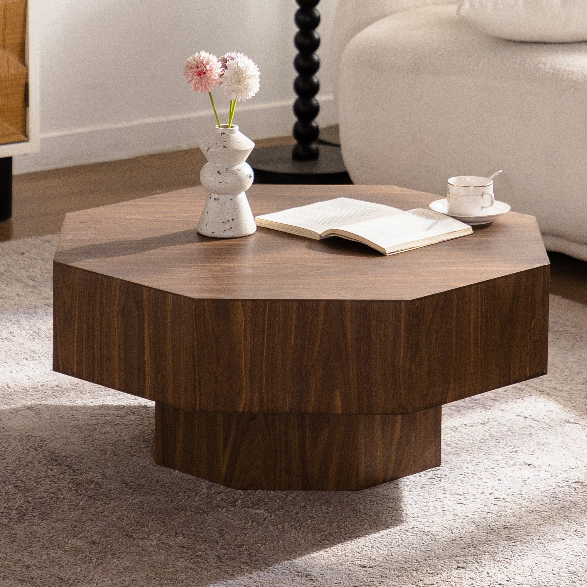 30.51 Inch Coffee Table Wooden Octagonal-Shaped for Living Room