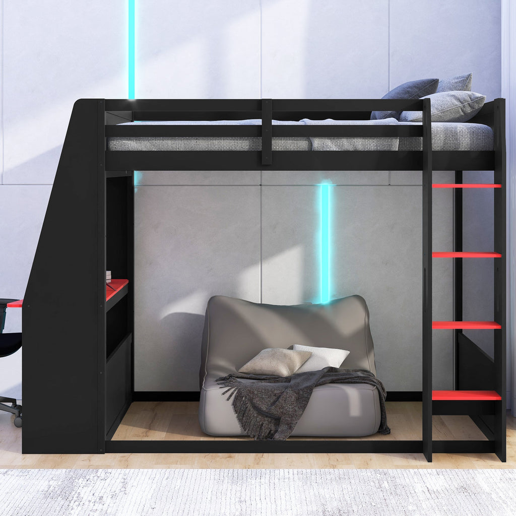 Full Size Wooden Gaming Bunk Bed with Desk and Storage