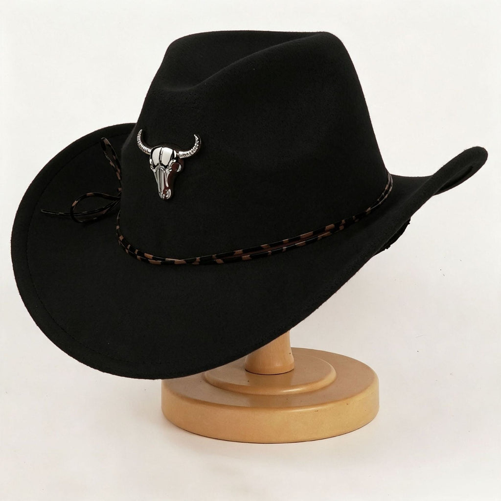 Western Cowboy Hat For Men And Women Metal Bull-Head Wool Cavalry Cap Top Hat