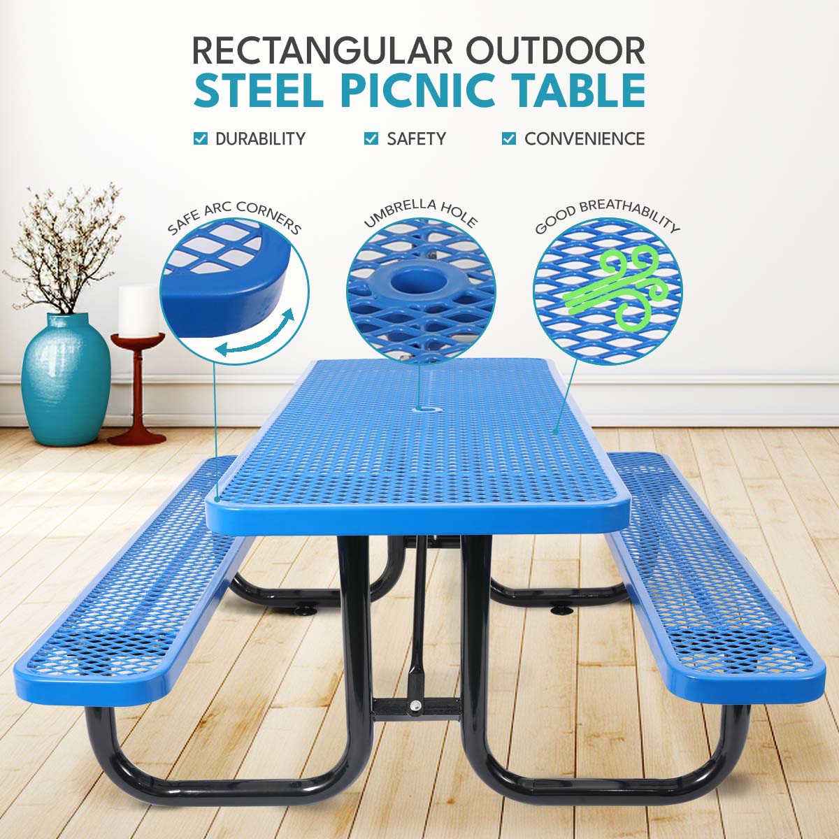6 Ft. Rectangular Outdoor Picnic Table with Umbrella Pole