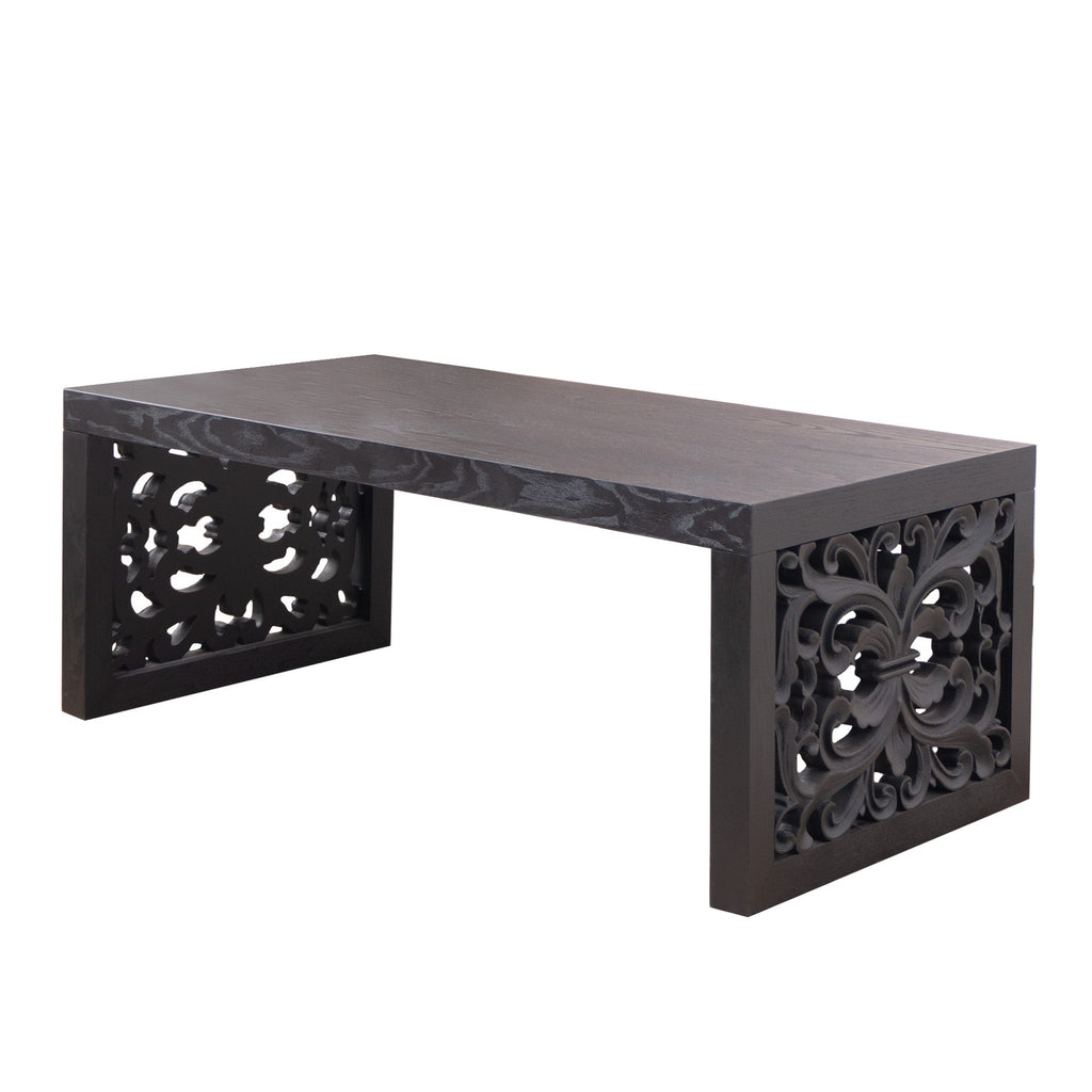 47.2" Solid Black Carved Wood Coffee Table
