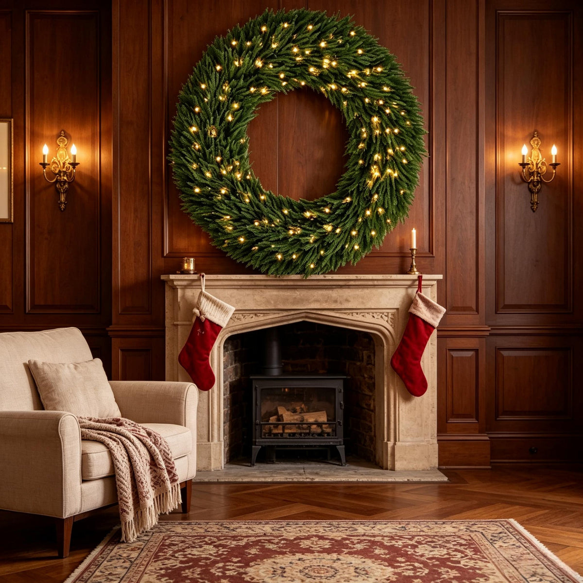 48 Inch Artificial Norfolk Pine Christmas Wreath, Pre-Lit with LED Lights