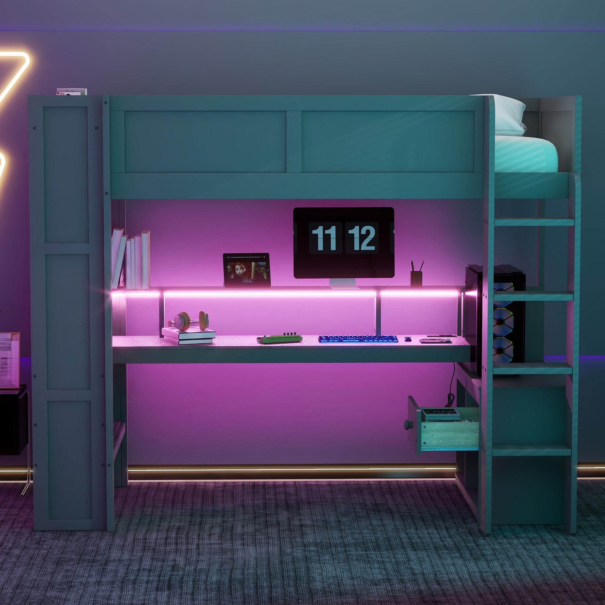 Wood Twin Size Gaming Loft Bed with Desk, Multi-storage Shelves, LED and Charging Station
